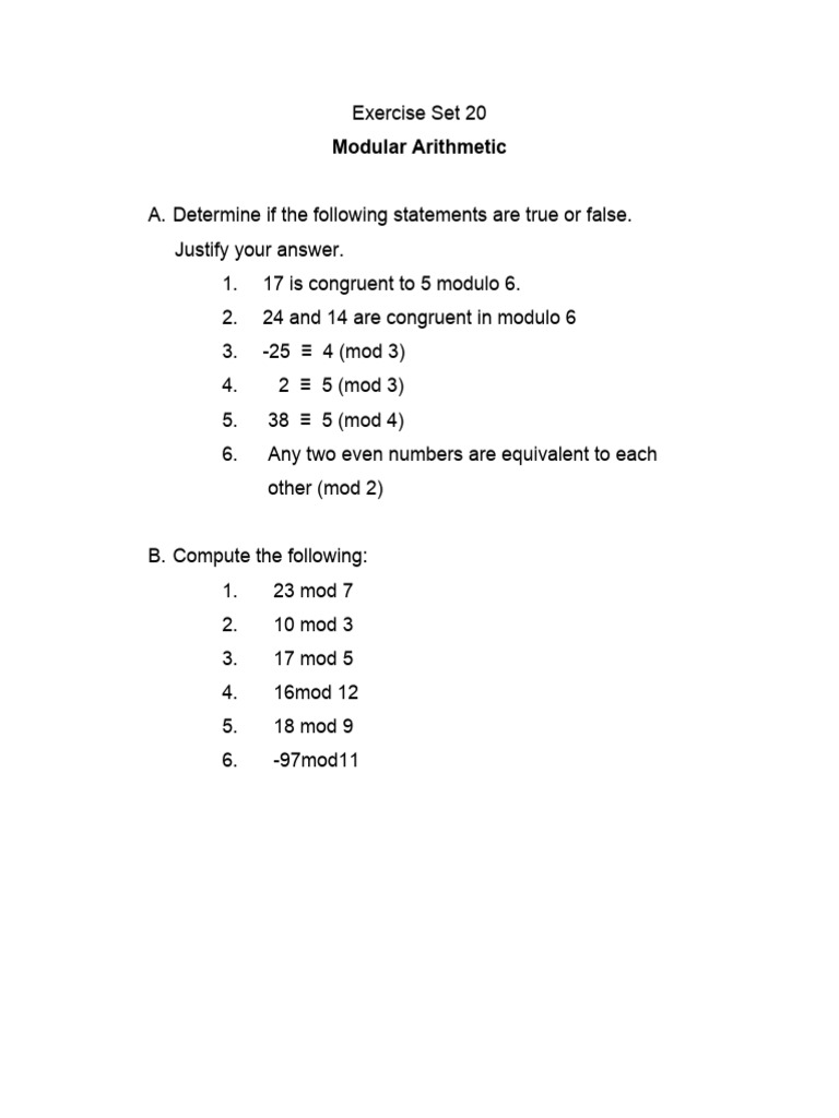 Exercise Set 20 - Modular Arithmetic | PDF