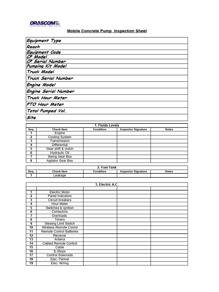 Mobile Concrete Pump Inspection Checklist | PDF | Leak | Pump