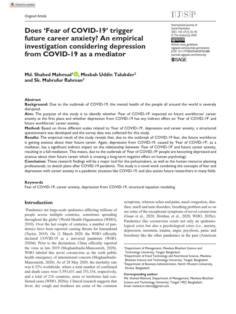 COVID-19 Fear and Career Anxiety Impact | PDF | Emotions | Anxiety