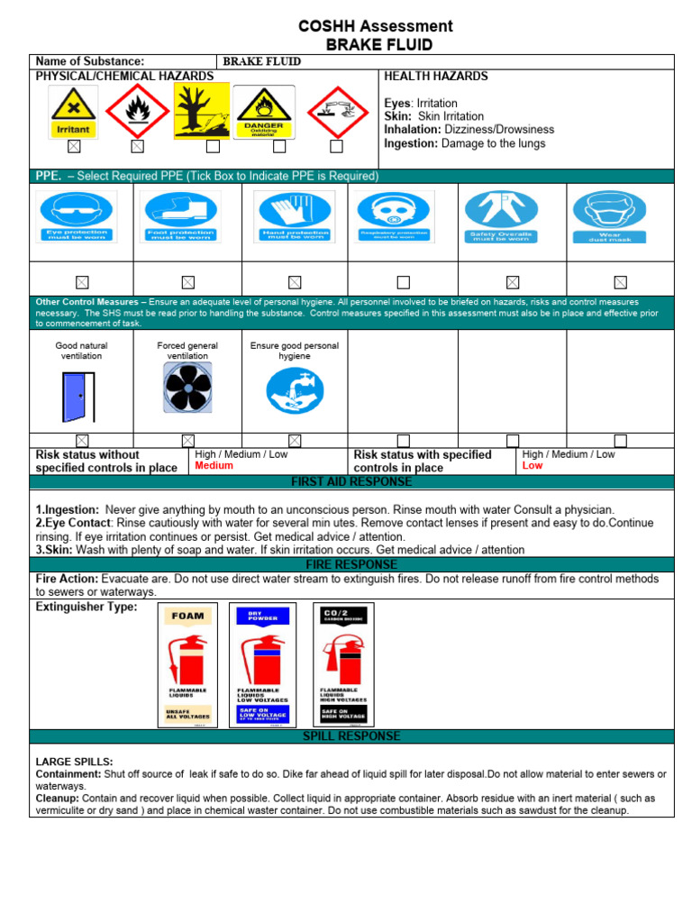 Brake Fluid COSHH Risk Assessment | PDF | Water | Personal Protective ...