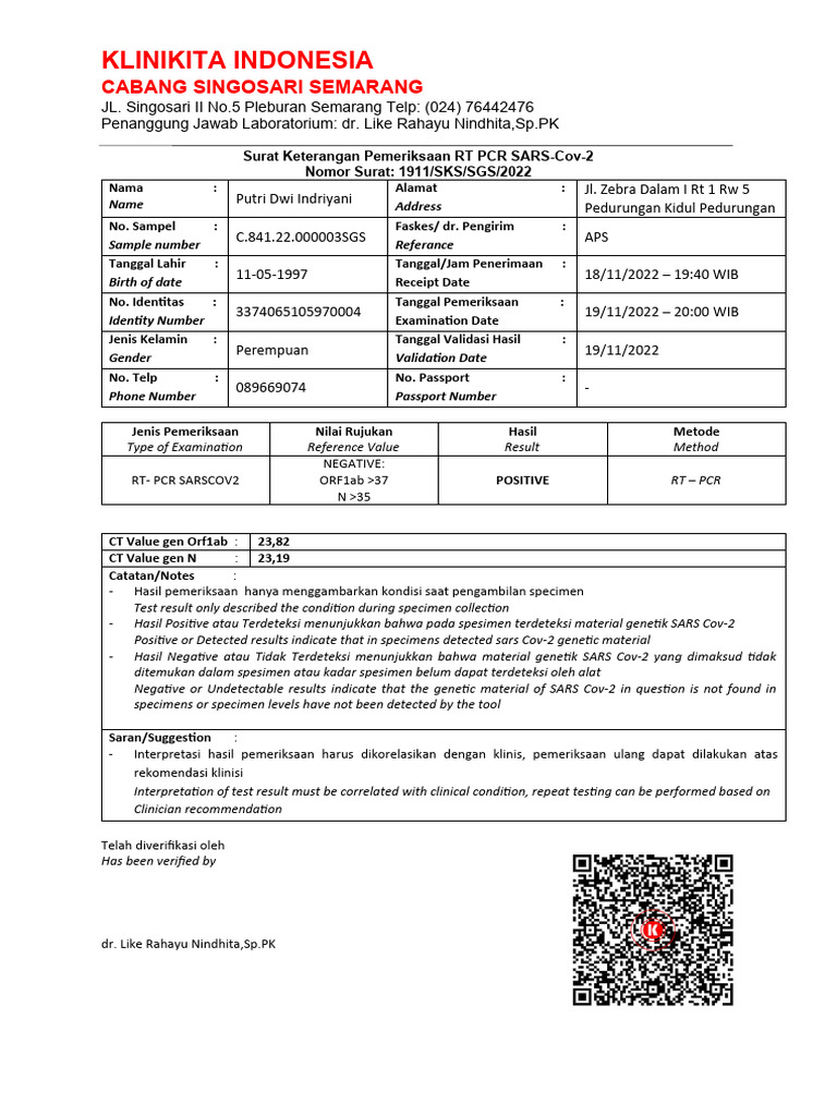 Hasil RT-PCR Dwi Indriyani Negatif | PDF