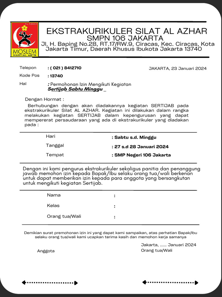 Lembar Surat Permohonan Izin Dari Wali Anggota Pencak Silat Al Azhar ...