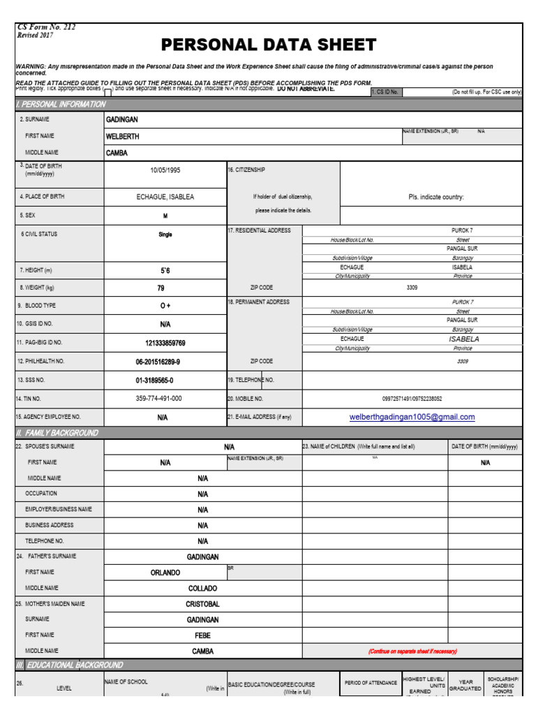 Personal data sheet csc form 212 revised 2017 download free pdf