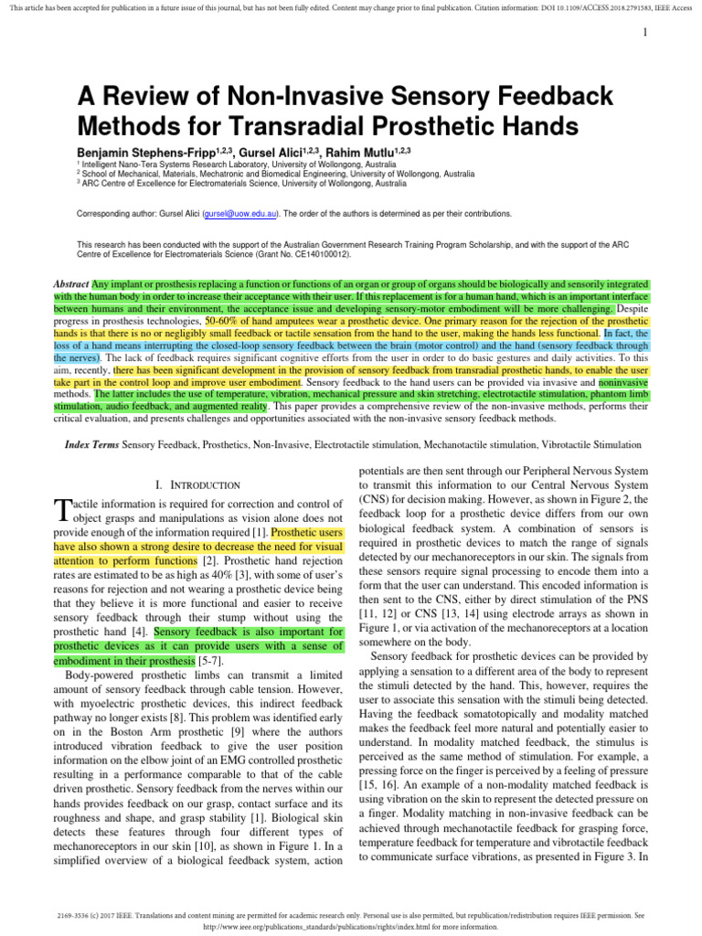 Non-Invasive Sensory Feedback for Prosthetics | PDF | Prosthesis ...