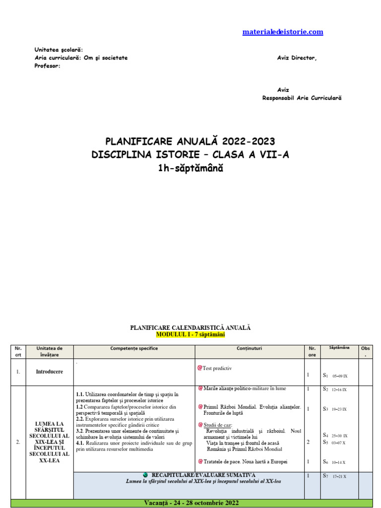 Planificare Calendaristica Clasa A VII A | PDF
