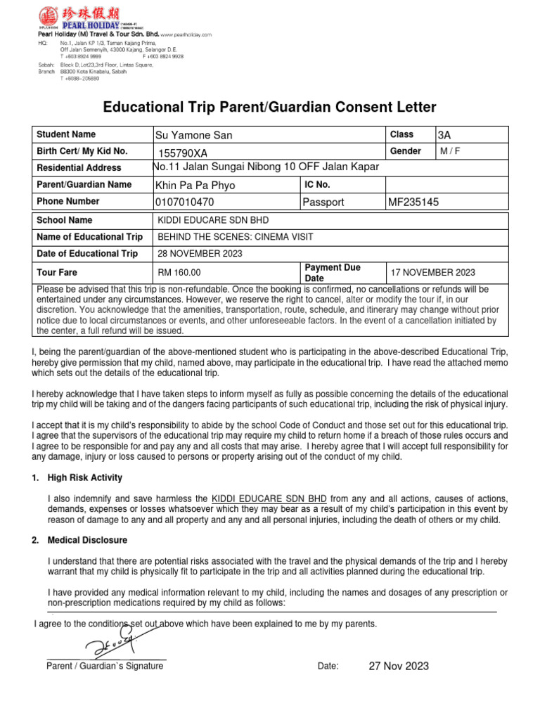 Educational Trip Consent Form Template | PDF | Indemnity | Private Law
