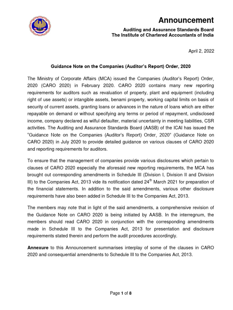 Guidance note on caro 2020 latest pdf loans financial audit