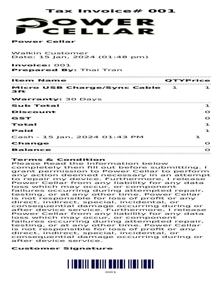Tax Invoice for Micro USB Cable Purchase | PDF