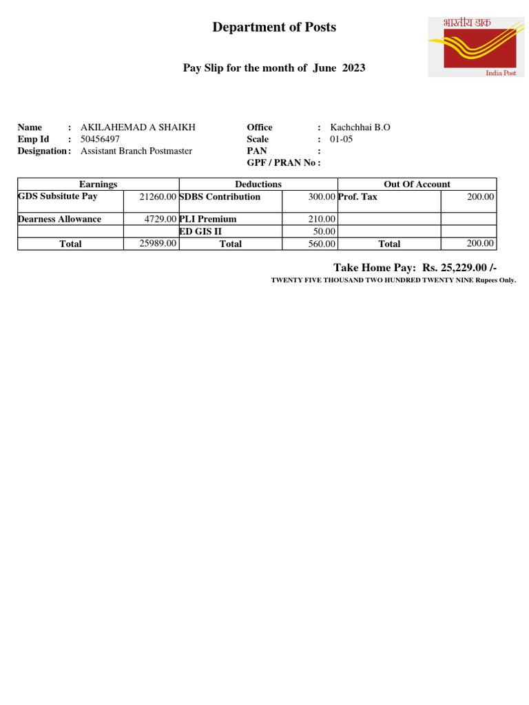 June 2023 Pay Slip: Assistant Postmaster | PDF