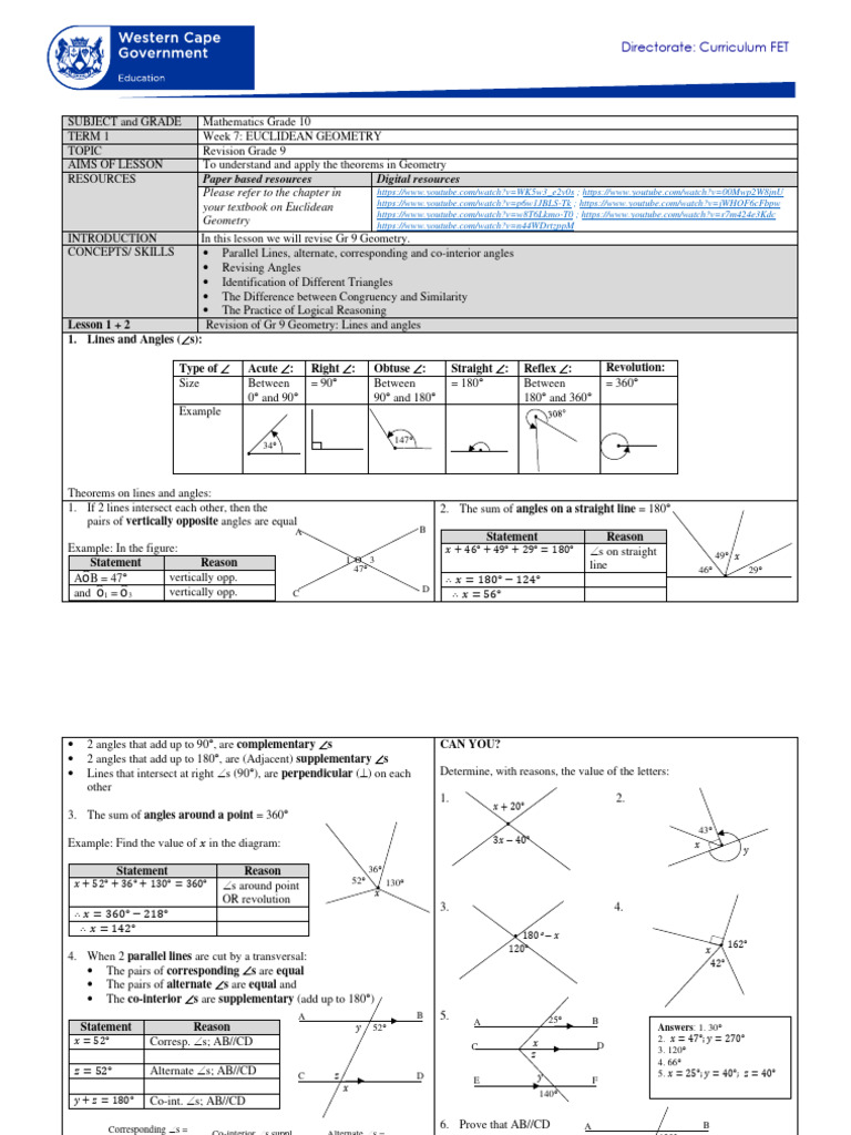 Mathematics Grade 10 Term 1 Week 7 - 2021 | PDF | Triangle | Rectangle