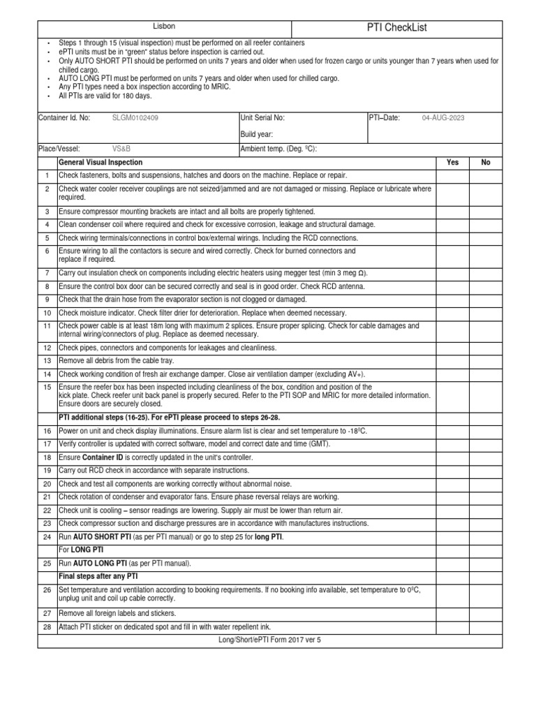 Reefer Container PTI Checklist Guide | PDF | Electrical Connector ...
