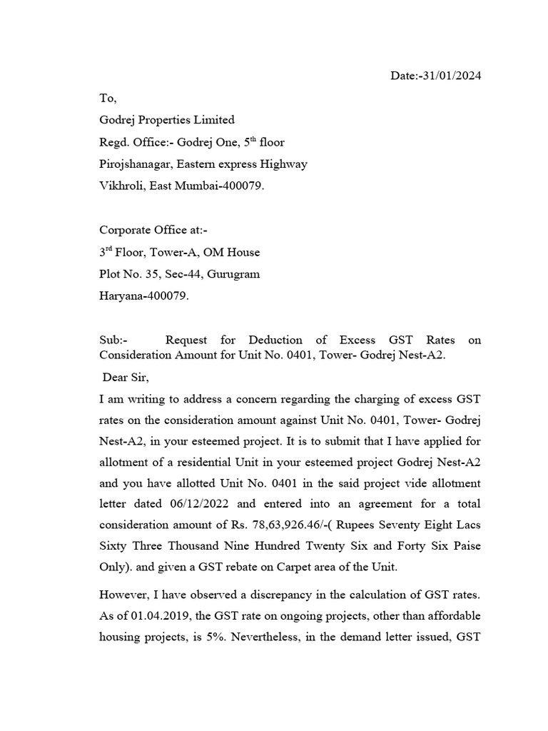 Request for GST Adjustment on Unit 0401 | PDF
