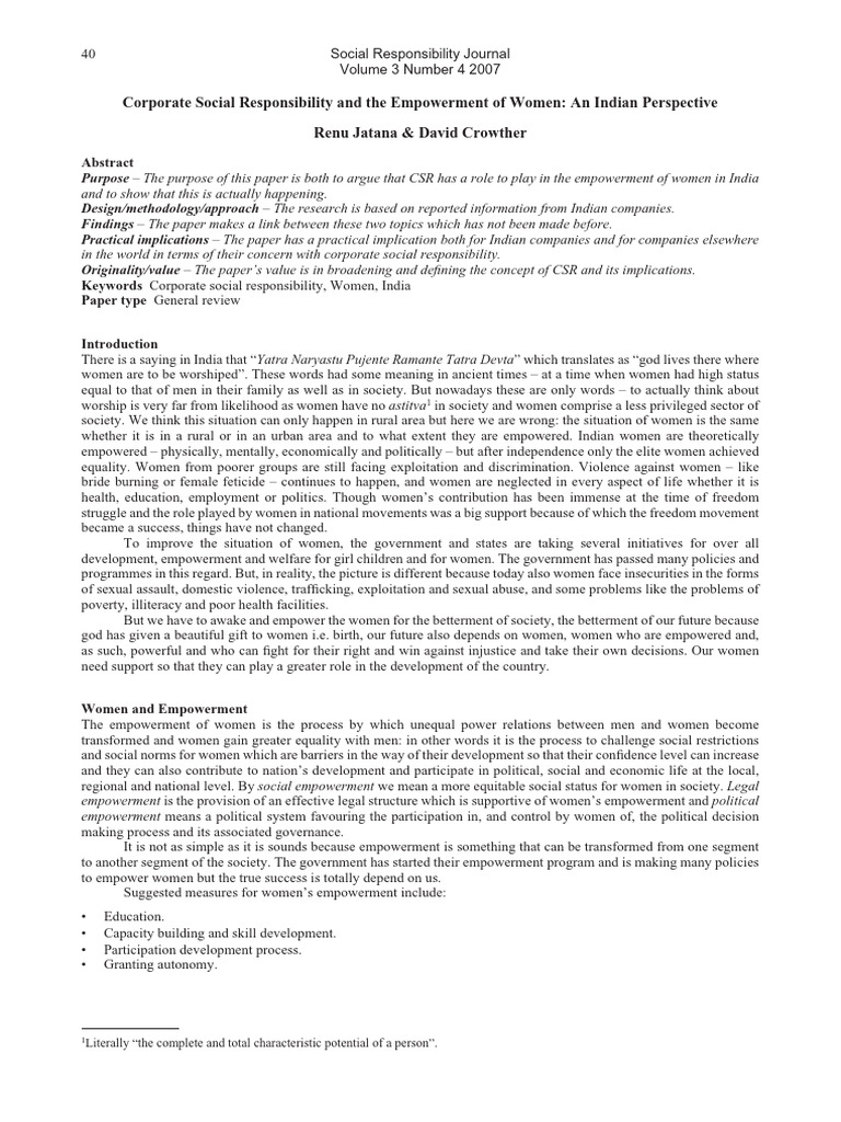 CSR and Empowerment of Women in India | PDF | Social Science | Self ...