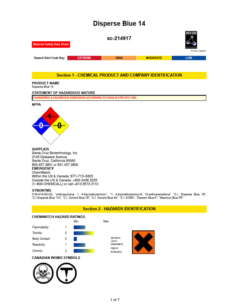 Disperse Blue 14 MSDS Overview | PDF | Combustion | Fires