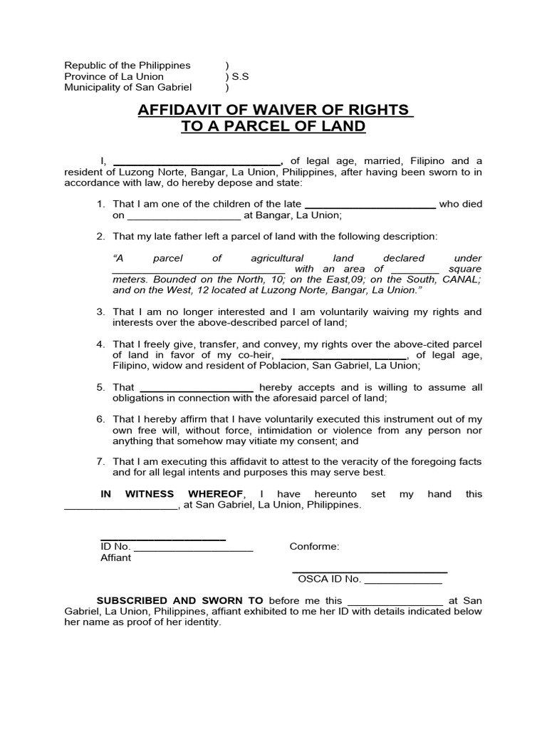 Affidavit of Waiver of Land Rights | PDF | Affidavit | Legal Procedure