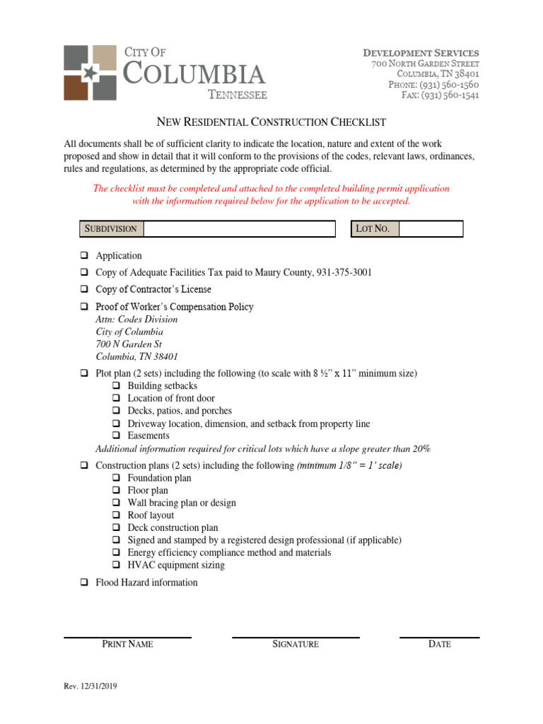 Columbia TN Residential Construction Checklist | PDF