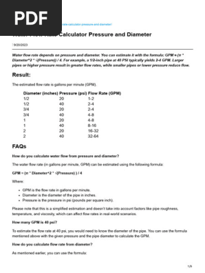 Water Flow Rate Calculator Pressure and Diameter