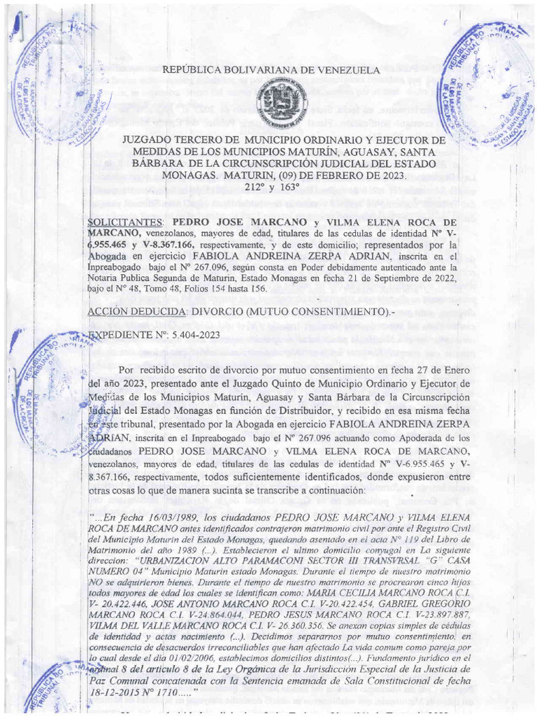 Sentencia de Divorcio Vilma Roca | PDF | Divorcio | Sentencia (ley)