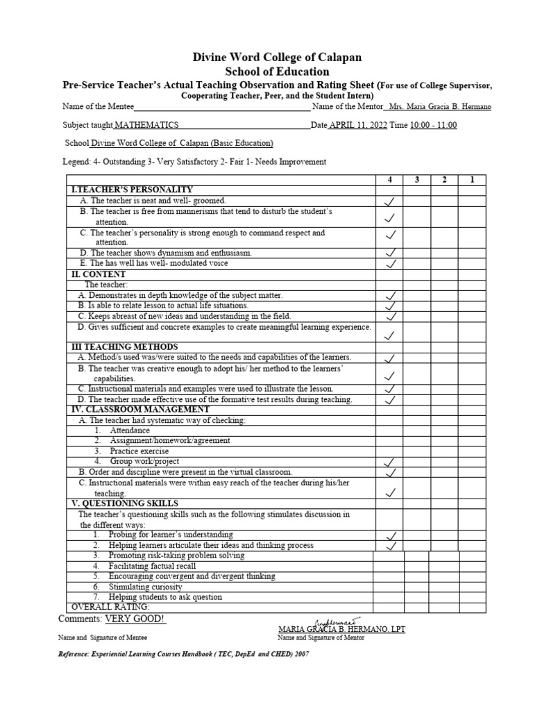 Pre-Service Teacher Observation Sheet | PDF | Teachers | Mentorship