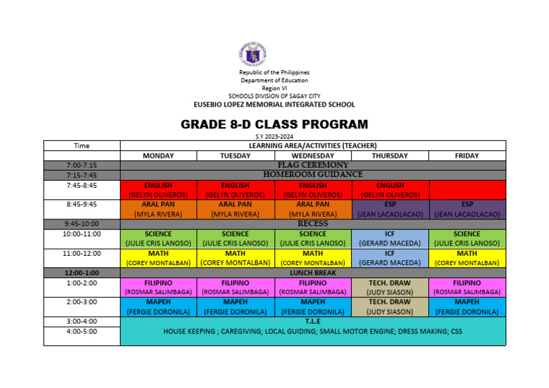 Grade 8-D Class Program 2023-2024 | PDF