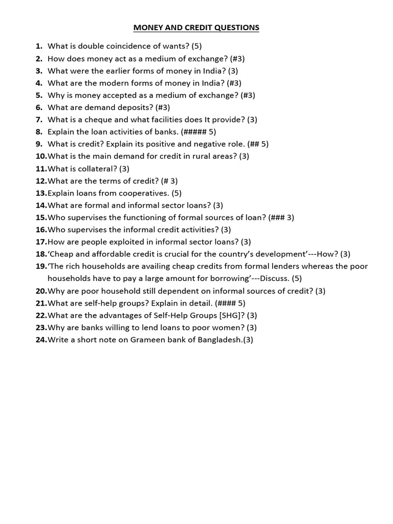 Money and Credit Questions PDF
