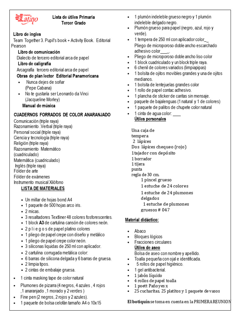 Lista de útiles 3er grado 2024 | PDF | Papelería | Materiales