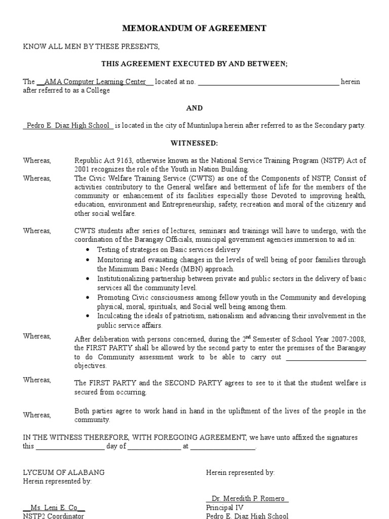 Memorandum of Agreement Cognition Psychology & Cognitive Science