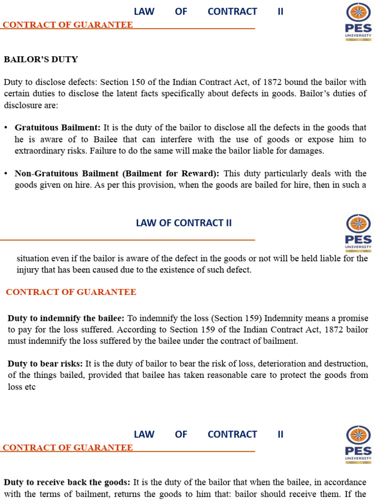 Rights and Duties of Bailor and Bailee PDF Indemnity Damages