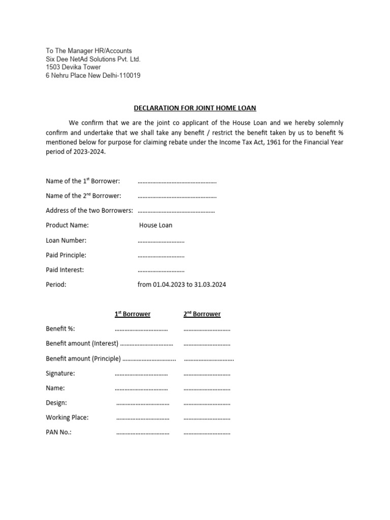 B. Declaration for Joint Home Loan PDF