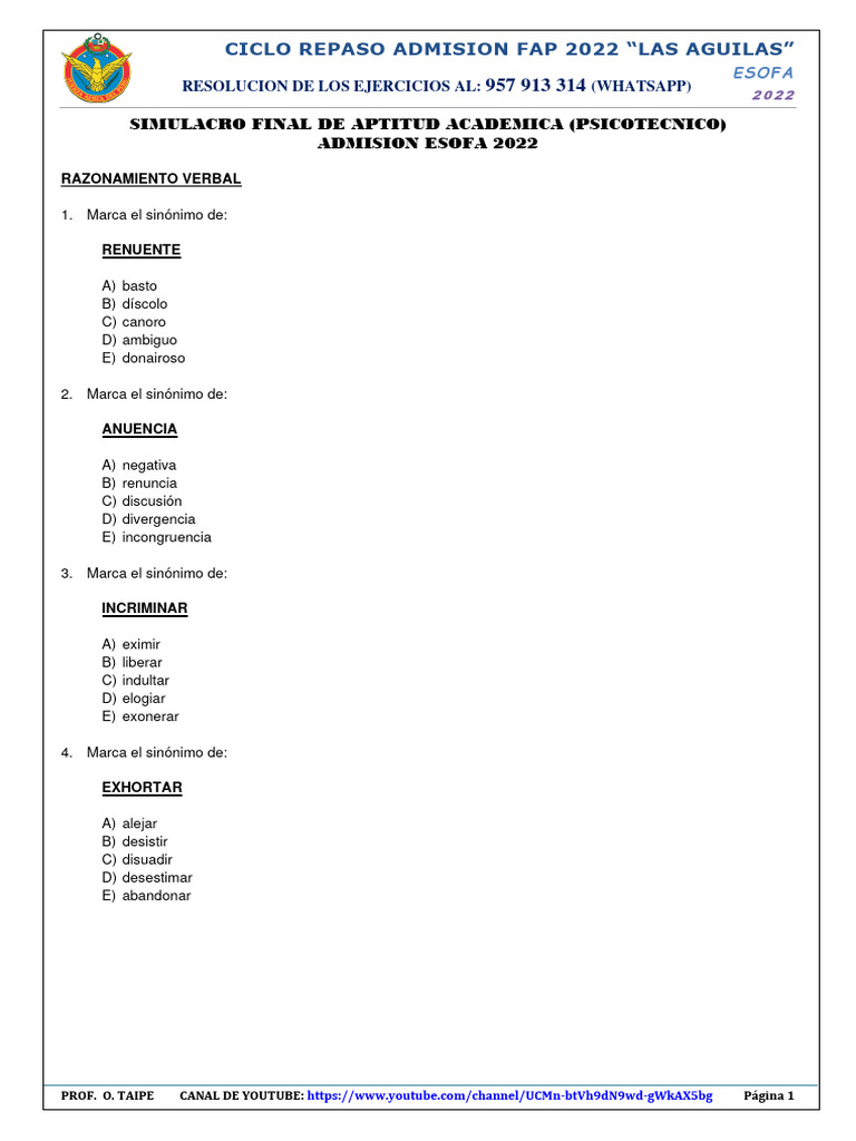 Simulacro de Aptitud Académica ESOFA 2022 | PDF | Libros para adolescentes