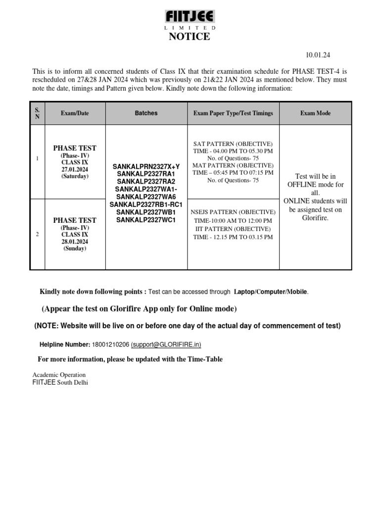 Class IX Phase Test-4 Reschedule Notice | PDF