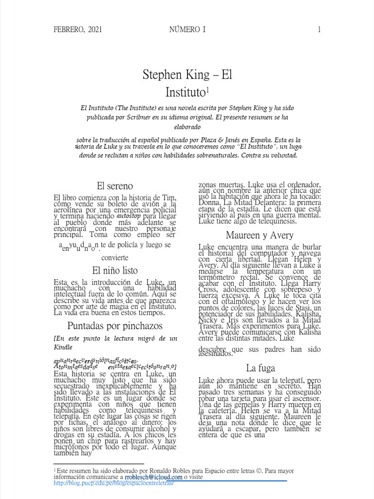 Resumen de "El Instituto" de Stephen King | PDF | Stephen King