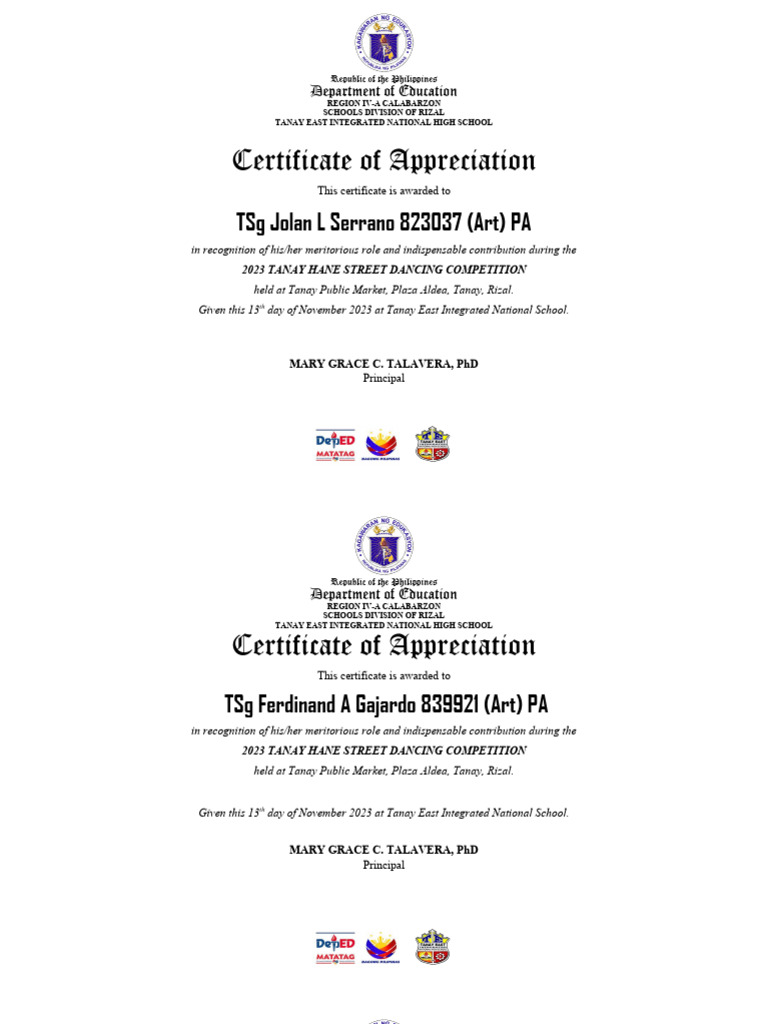 Certificate of Appreciation Participation and Apprearance TeacherPH