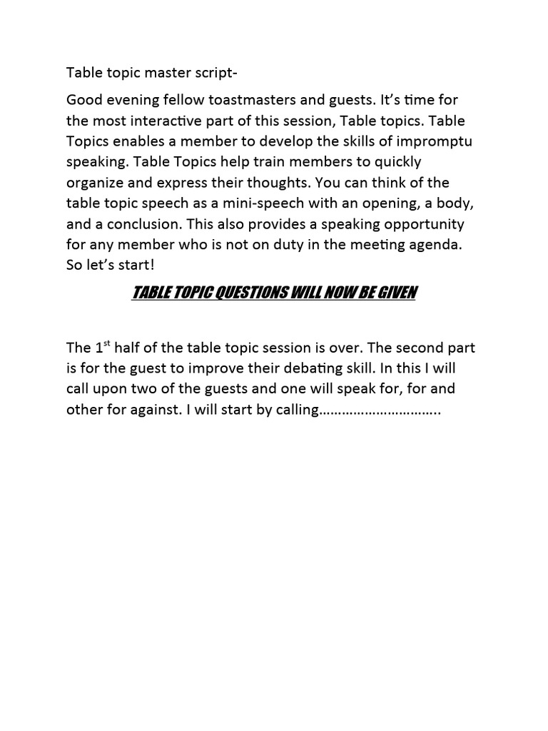 Table Topic Master Script PDF