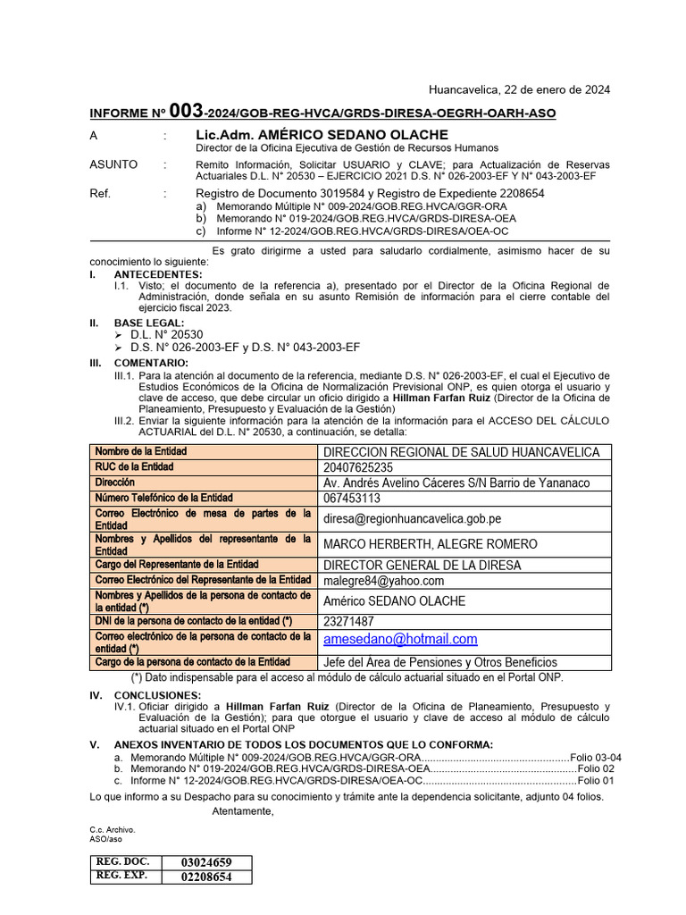 MODELO - Informe 003 Información ACTUARIALES D.L. #20530 - ONP | PDF