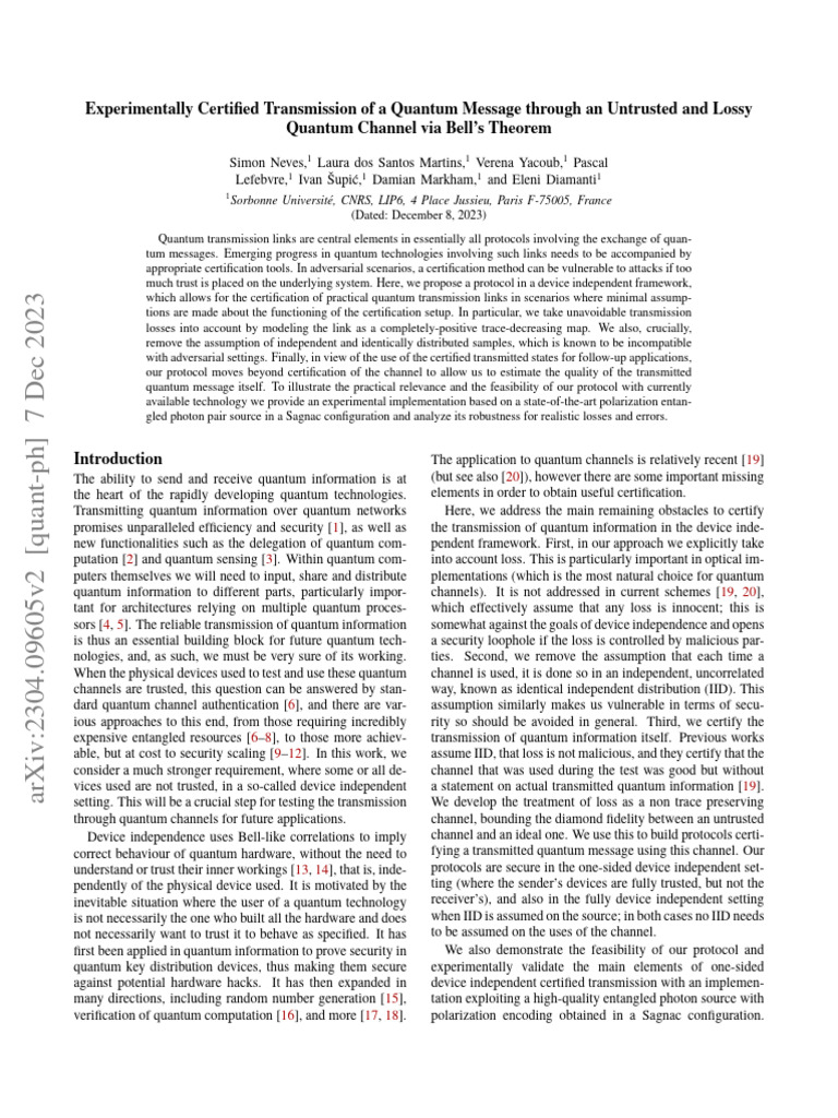 Experimentally Certified Transmission of A Quantum Message Through An ...