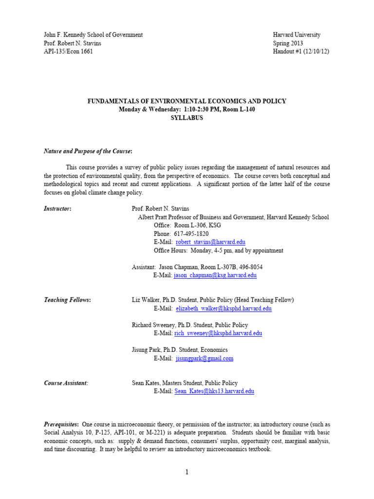 Environmental Economics Course Syllabus | PDF | Economics | Cost ...