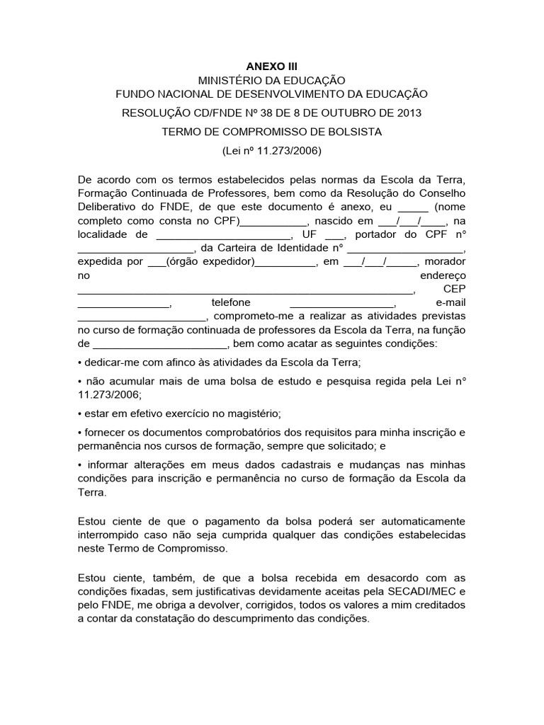 Termo de Compromisso de Bolsista FNDE | PDF