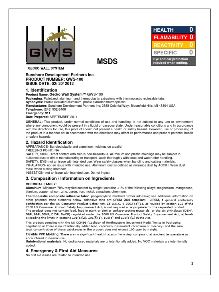 Gecko Wall System MSDS PDF Polyvinyl Chloride Industries