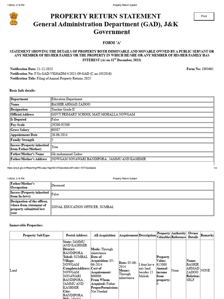 J&K Teacher's Property Return | PDF | Personal Finance | Financial Services