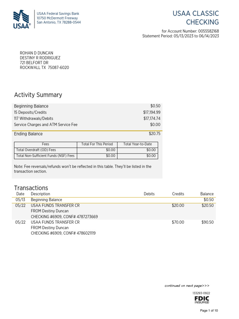 USAA Classic Checking Statement Summary | PDF