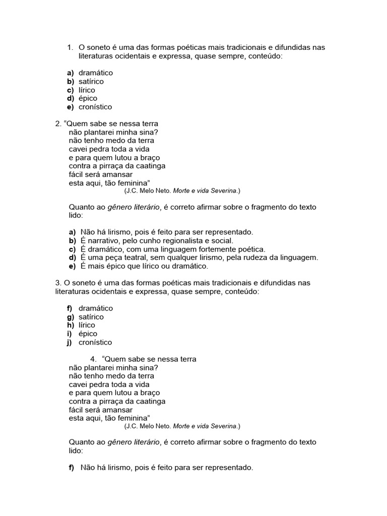 Questões sobre gêneros literários | PDF