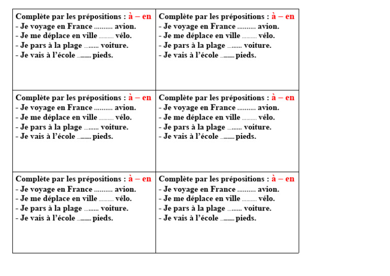 Exercices sur les prépositions à et en | PDF