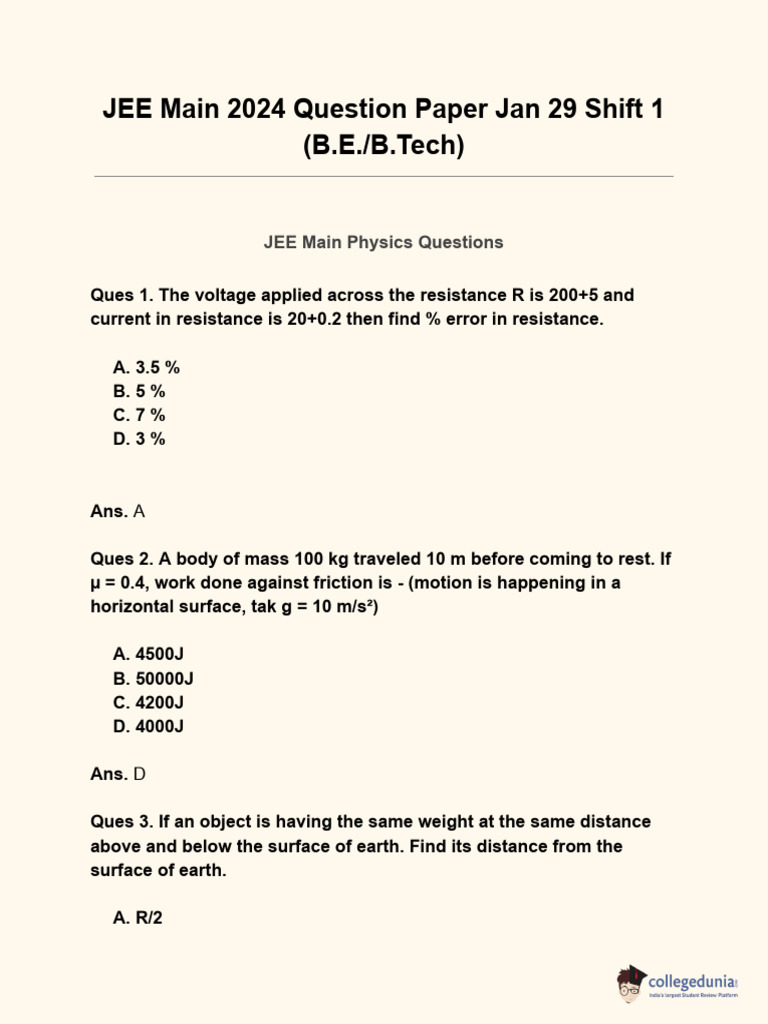 JEE Main 2024 Question Paper - Jan 29 | PDF