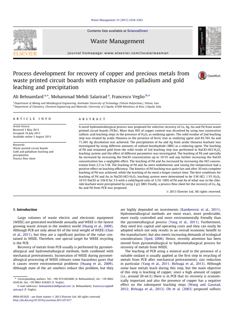 Hydrometallurgical Recovery of Metals from PCBs | PDF | Gold | Palladium