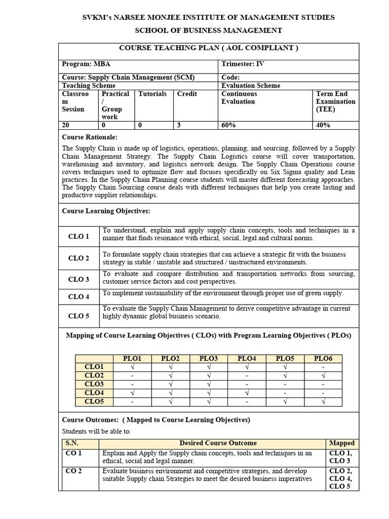 MBA Supply Chain Management Course Plan | PDF | Business | Computers