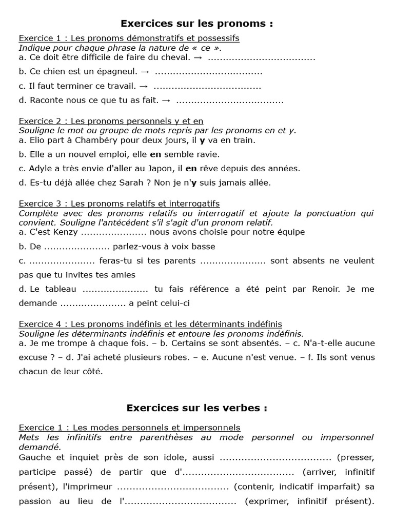 Exercices sur les pronoms et déterminants | PDF | Pronom | Linguistique