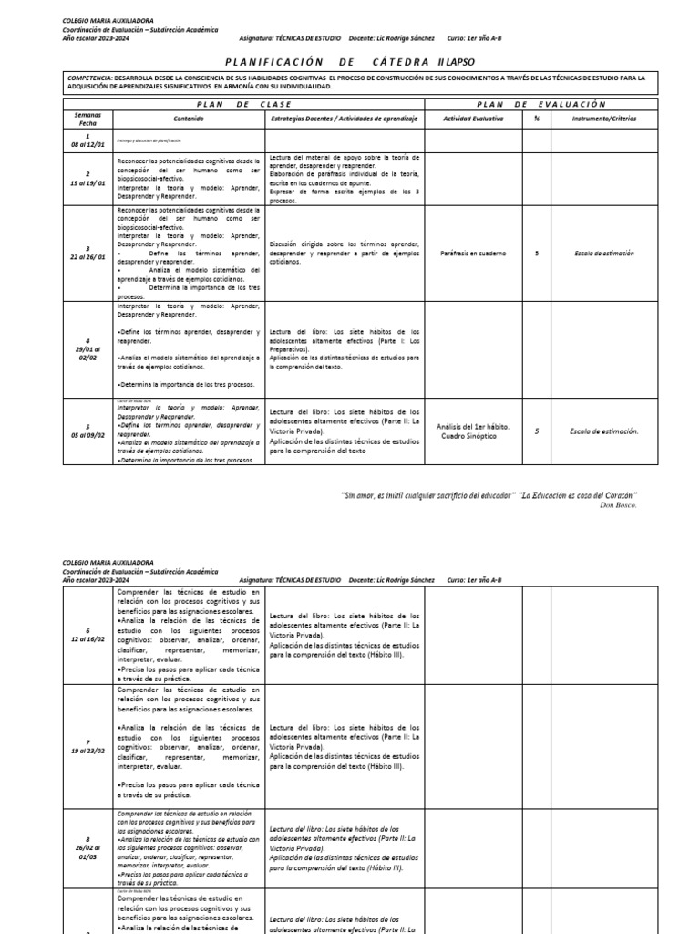 Planificación 2do Lapso Tecnicas de Estudio 2024 | PDF | Aprendizaje ...
