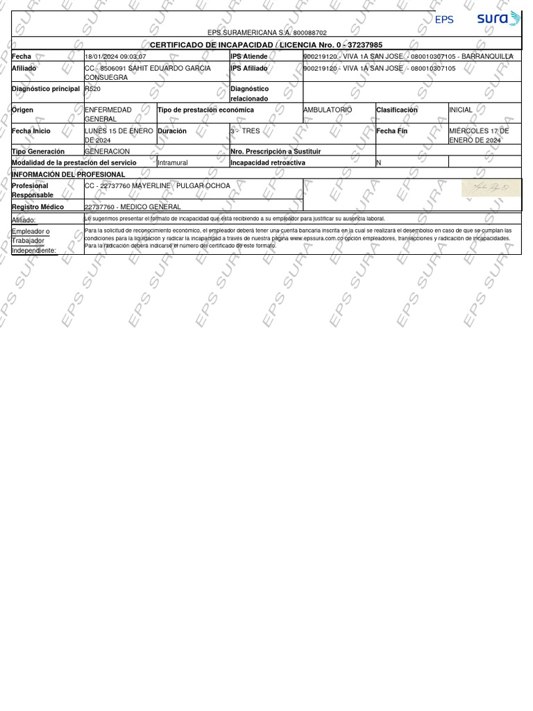 Certificado Incapacidad EPS SURA 2024 | PDF