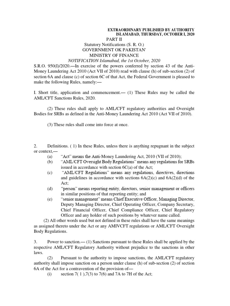 AML/CFT Sanctions Rules 2020 Overview | PDF | Money Laundering | Public Law